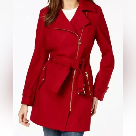 Michael Kors Red Wool Blend Belted Zip Front Coat PM - Picture 14 of 16